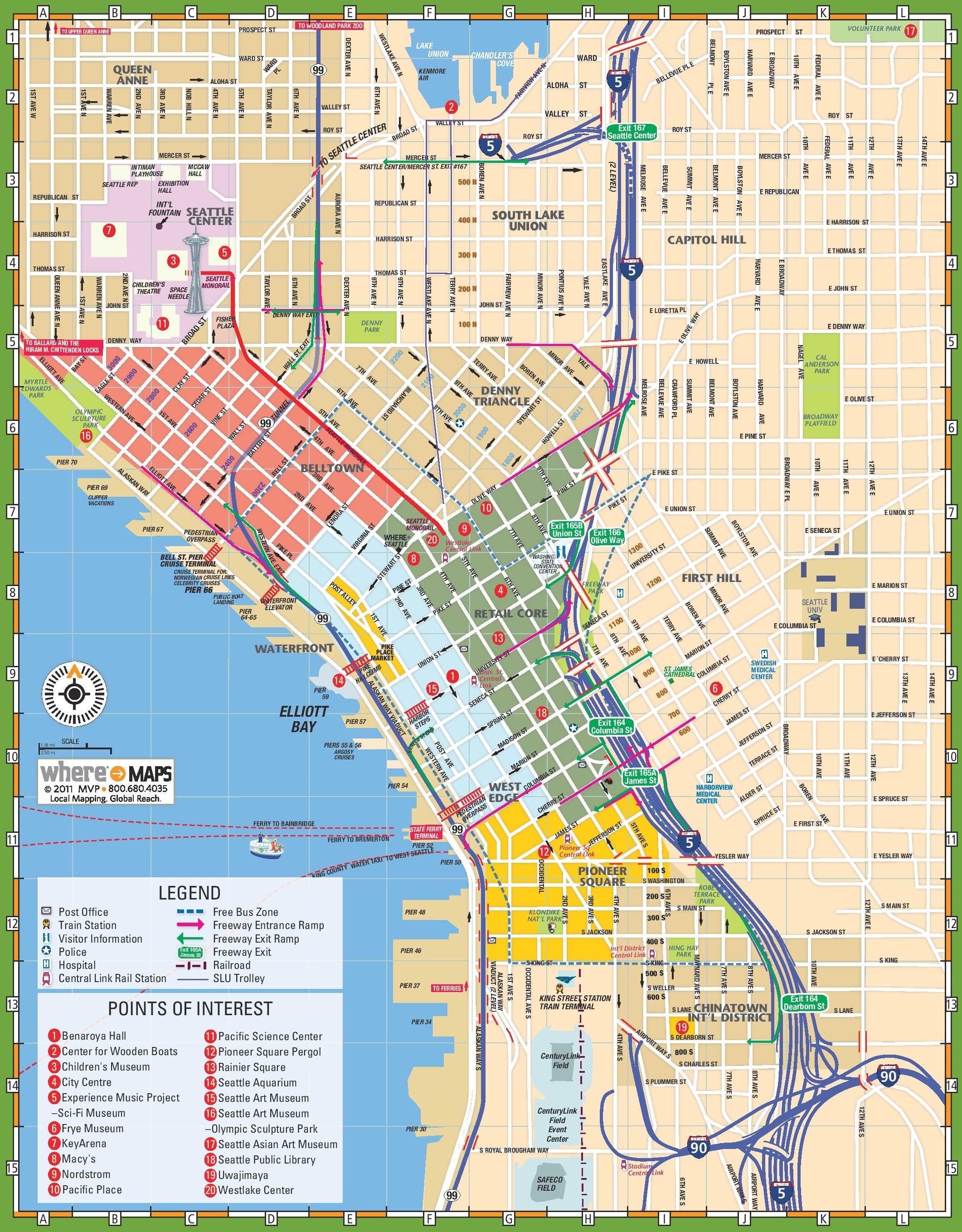 Mapa turístico de Seattle atracciones y monumentos de Seattle